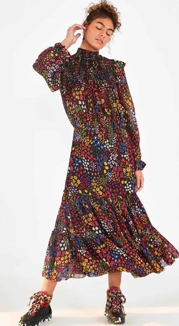 Farm Rio Rainbow Floral Midi Dress Long Sleeve Women's Multicolor Sz XS Fall 20